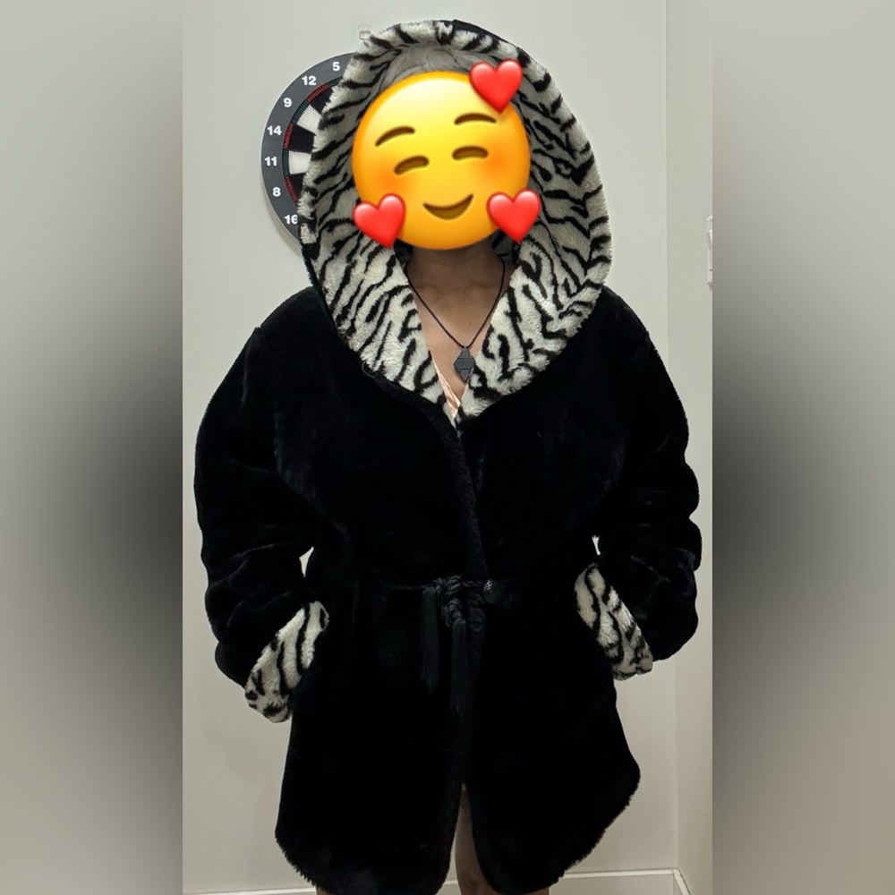 Novelti Black Faux Fur Coat with Zebra Print Lining